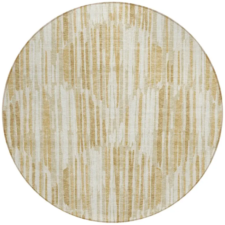 8' Gold Beige And Ivory Round Abstract Washable Indoor Outdoor Area Rug