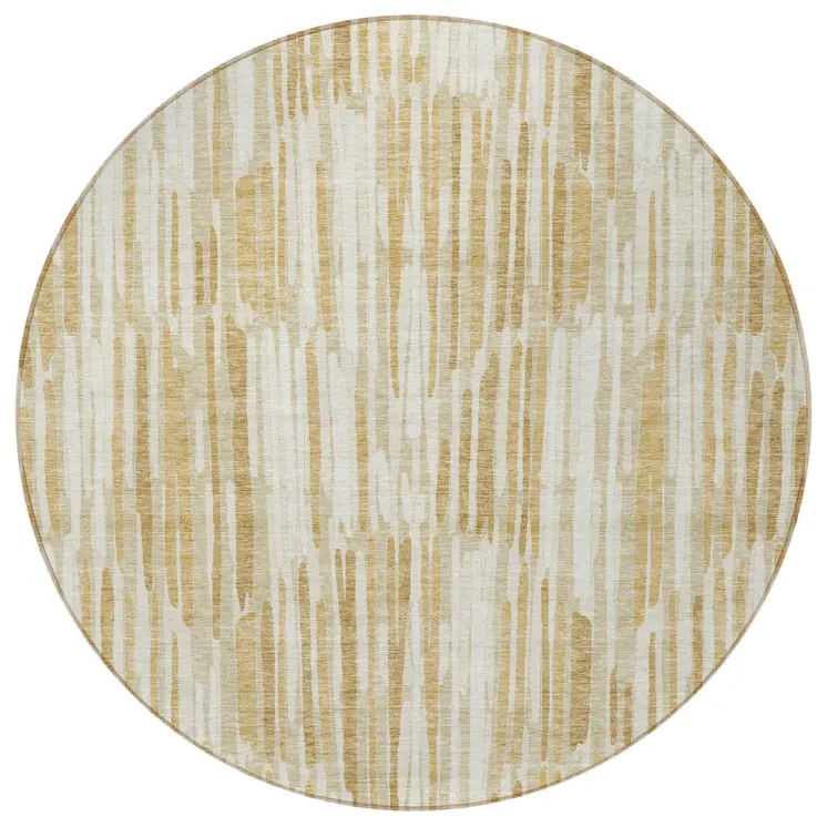 8' Gold Beige And Ivory Round Abstract Washable Indoor Outdoor Area Rug