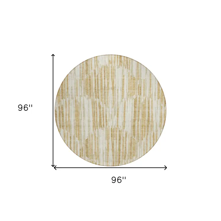8' Gold Beige And Ivory Round Abstract Washable Indoor Outdoor Area Rug