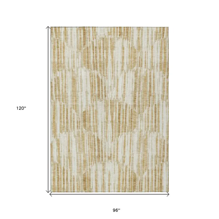 8' X 10' Gold Beige And Ivory Abstract Washable Indoor Outdoor Area Rug