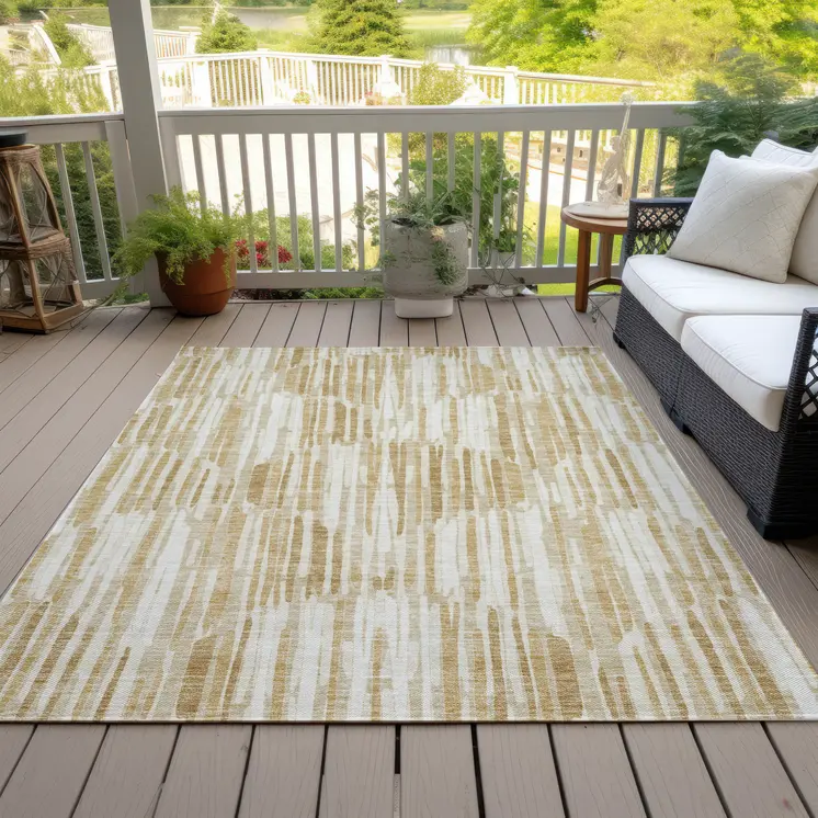 8' X 10' Gold Beige And Ivory Abstract Washable Indoor Outdoor Area Rug