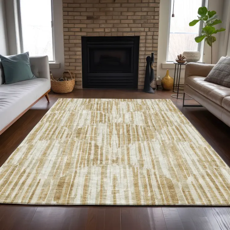 8' X 10' Gold Beige And Ivory Abstract Washable Indoor Outdoor Area Rug