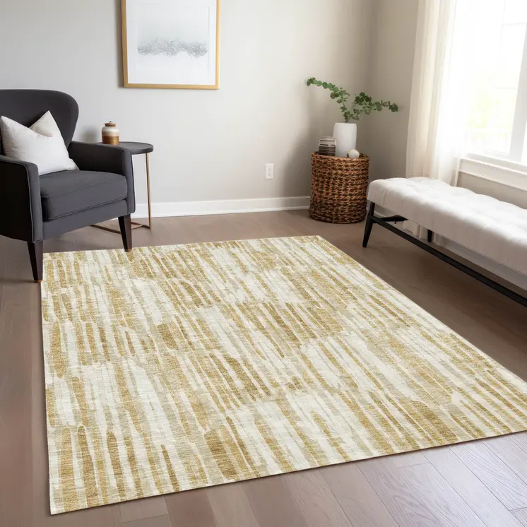 8' X 10' Gold Beige And Ivory Abstract Washable Indoor Outdoor Area Rug