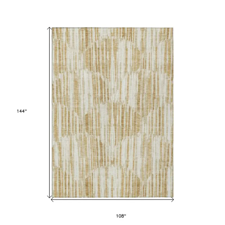 9' X 12' Gold Beige And Ivory Abstract Washable Indoor Outdoor Area Rug