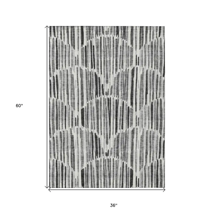 3' X 5' Gray Ivory And Charcoal Abstract Washable Indoor Outdoor Area Rug