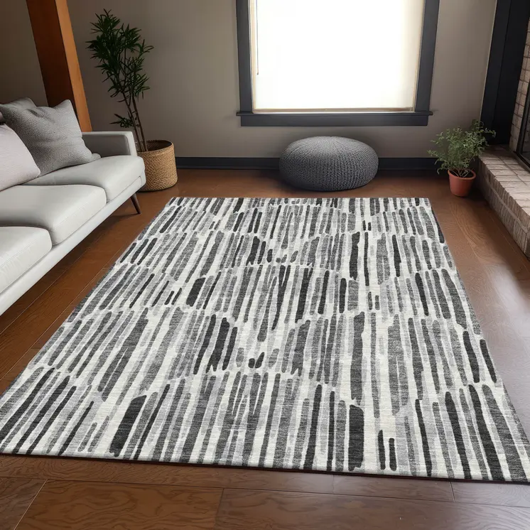 3' X 5' Gray Ivory And Charcoal Abstract Washable Indoor Outdoor Area Rug
