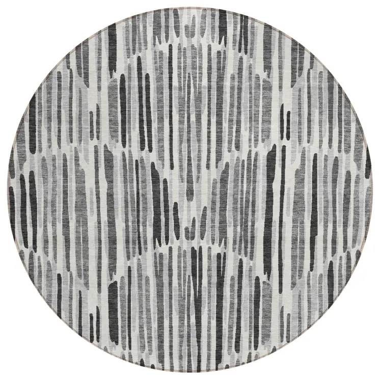 8' Gray Ivory And Charcoal Round Abstract Washable Indoor Outdoor Area Rug