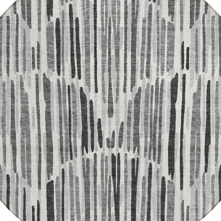 8' Gray Ivory And Charcoal Round Abstract Washable Indoor Outdoor Area Rug