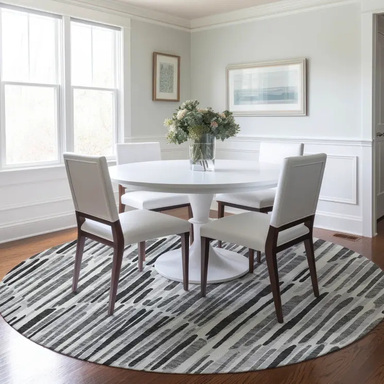 8' Gray Ivory And Charcoal Round Abstract Washable Indoor Outdoor Area Rug