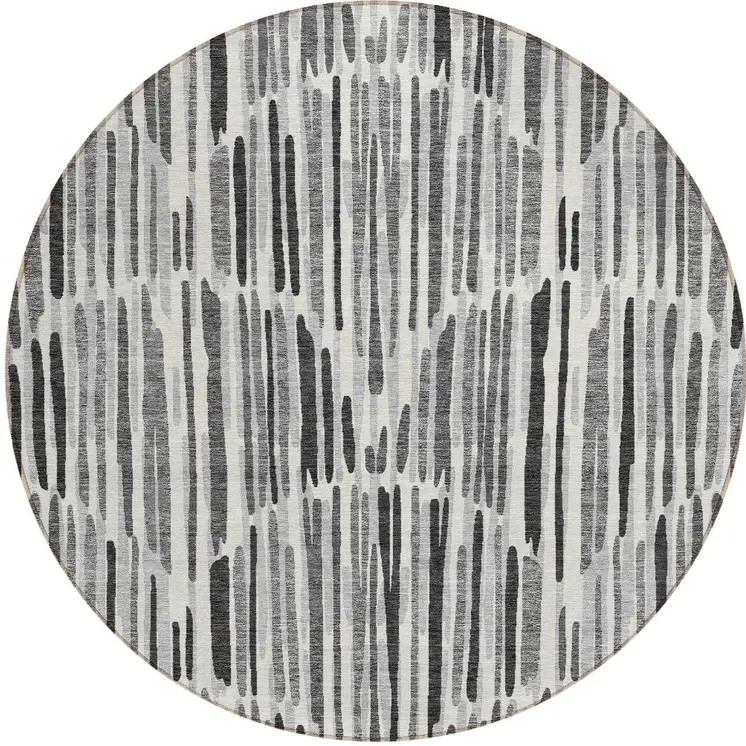 8' Gray Ivory And Charcoal Round Abstract Washable Indoor Outdoor Area Rug