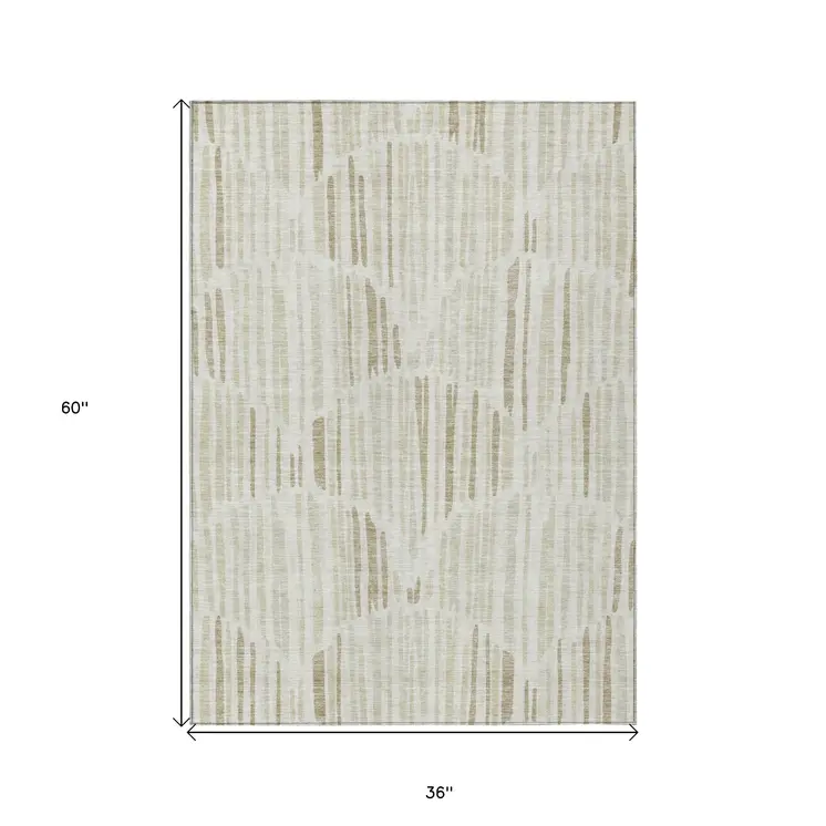 3' X 5' Ivory Beige And Taupe Abstract Washable Indoor Outdoor Area Rug