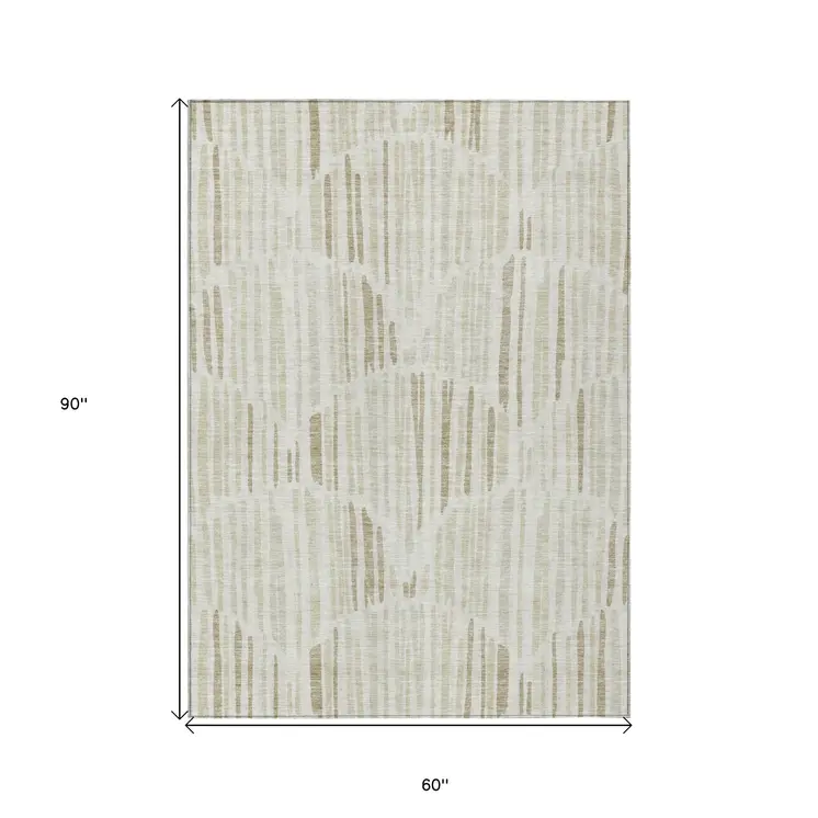5' X 8' Ivory Beige And Taupe Abstract Washable Indoor Outdoor Area Rug