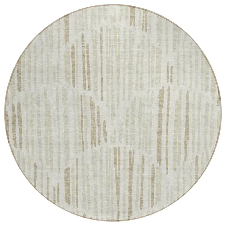 8' Ivory Beige And Taupe Round Abstract Washable Indoor Outdoor Area Rug