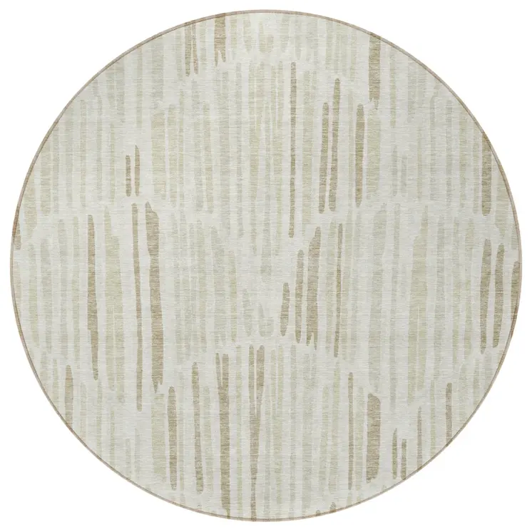 8' Ivory Beige And Taupe Round Abstract Washable Indoor Outdoor Area Rug