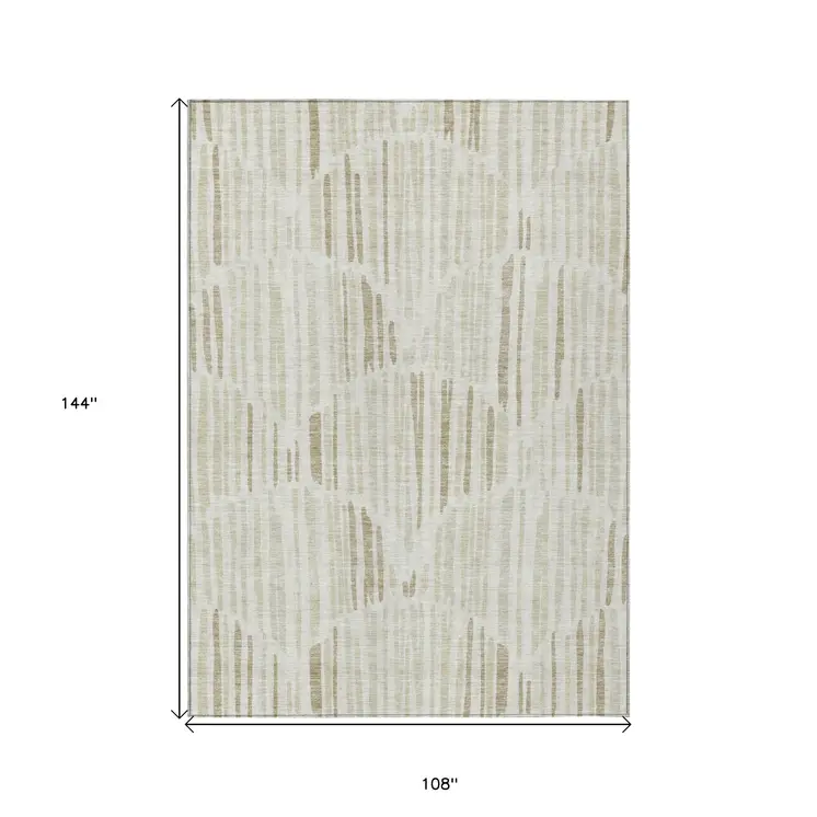 9' X 12' Ivory Beige And Taupe Abstract Washable Indoor Outdoor Area Rug