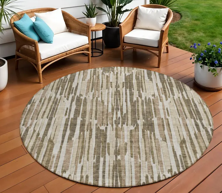8' Brown And Taupe Round Abstract Washable Indoor Outdoor Area Rug