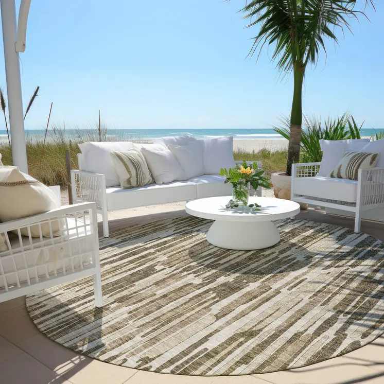 8' Brown And Taupe Round Abstract Washable Indoor Outdoor Area Rug