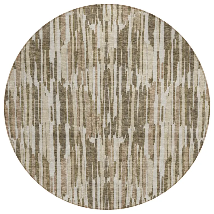 8' Brown And Taupe Round Abstract Washable Indoor Outdoor Area Rug