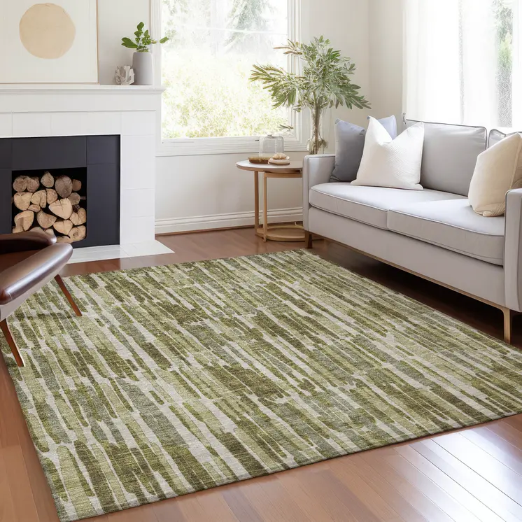 3' X 5' Olive Green Brown And Beige Abstract Washable Indoor Outdoor Area Rug