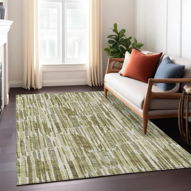 3' X 5' Olive Green Brown And Beige Abstract Washable Indoor Outdoor Area Rug