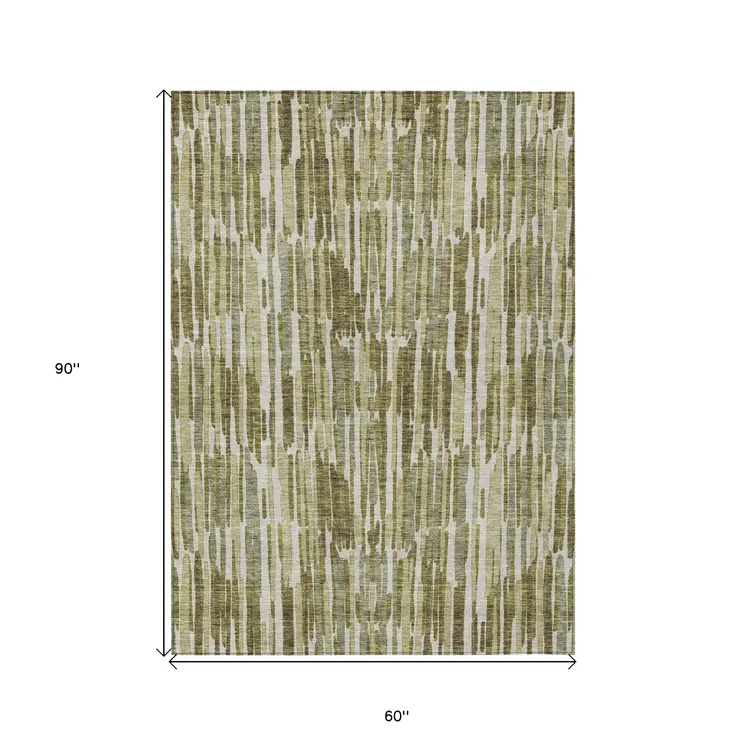 5' X 8' Olive Green Brown And Beige Abstract Washable Indoor Outdoor Area Rug