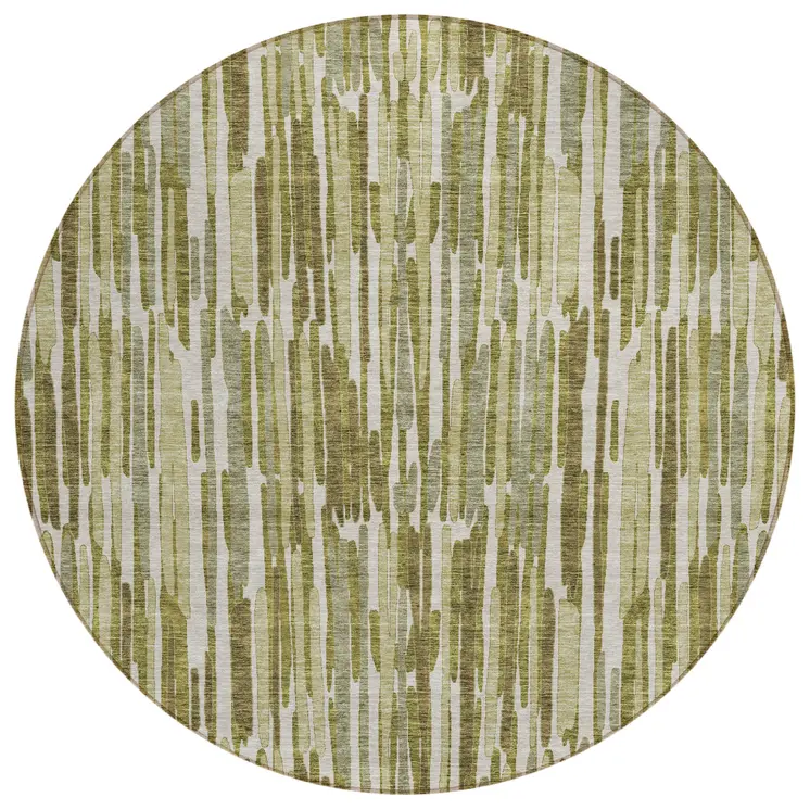 8' Olive Green Brown And Beige Round Abstract Washable Indoor Outdoor Area Rug