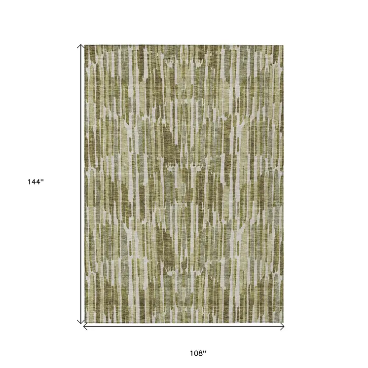 9' X 12' Olive Green Brown And Beige Abstract Washable Indoor Outdoor Area Rug