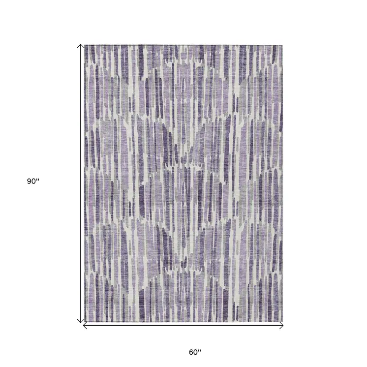 5' X 8' Purple Ivory And Lavender Abstract Washable Indoor Outdoor Area Rug
