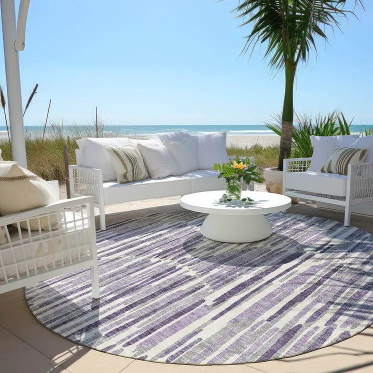 8' Purple Ivory And Lavender Round Abstract Washable Indoor Outdoor Area Rug