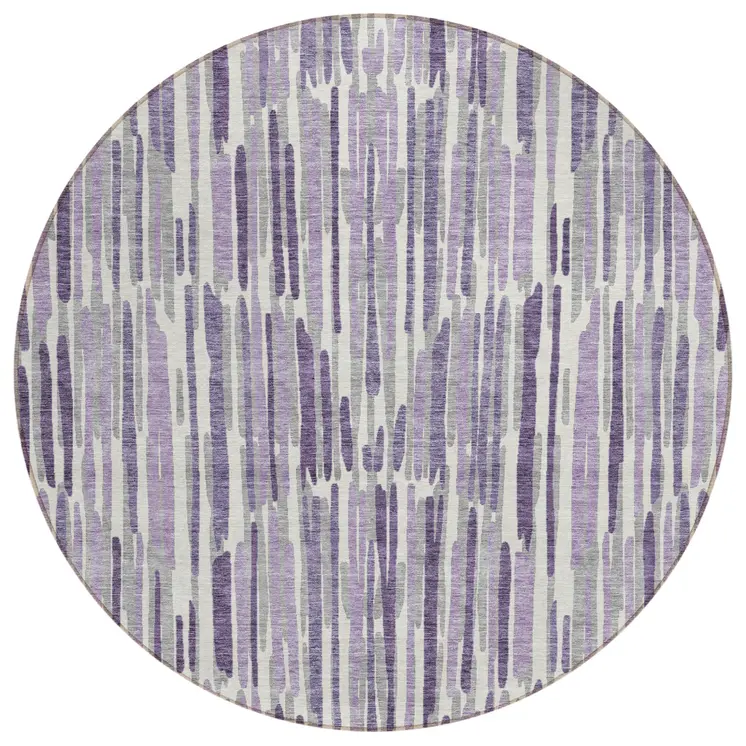 8' Purple Ivory And Lavender Round Abstract Washable Indoor Outdoor Area Rug