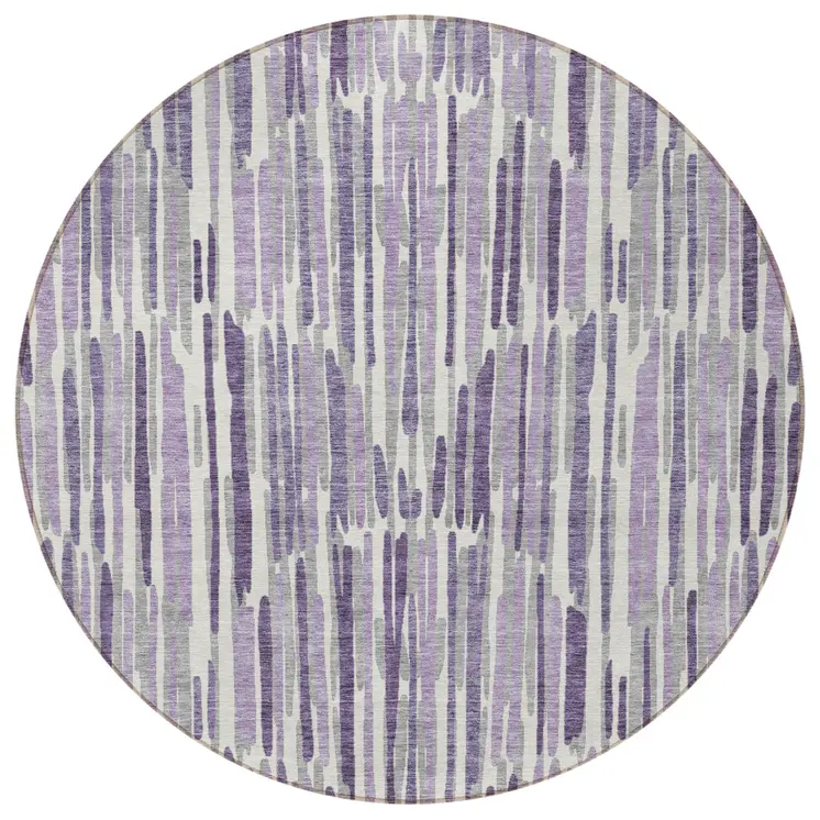 8' Purple Ivory And Lavender Round Abstract Washable Indoor Outdoor Area Rug