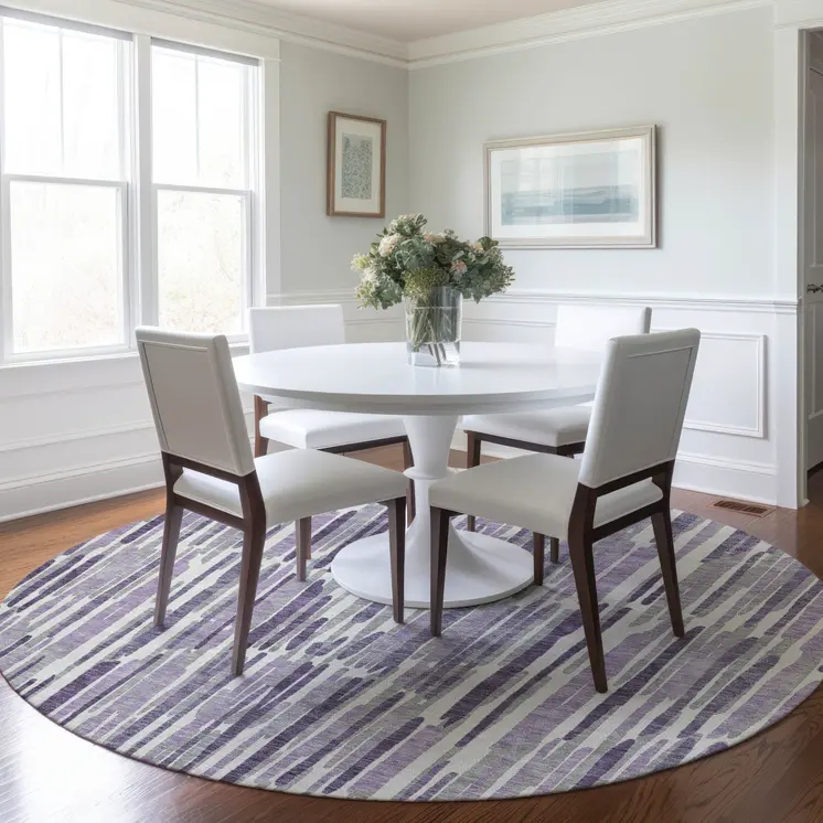 8' Purple Ivory And Lavender Round Abstract Washable Indoor Outdoor Area Rug