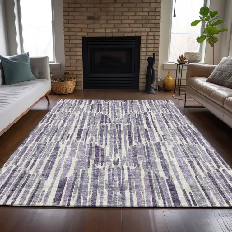 9' X 12' Purple Ivory And Lavender Abstract Washable Indoor Outdoor Area Rug
