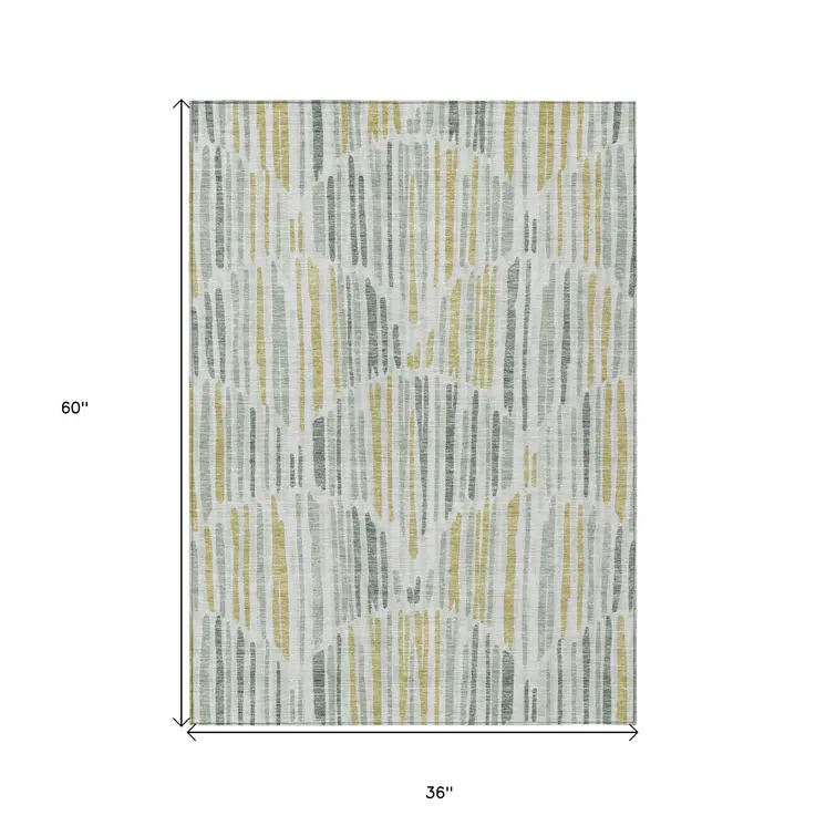 3' X 5' Sage Artichoke Green And Gold Abstract Washable Indoor Outdoor Area Rug