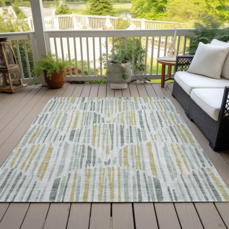 3' X 5' Sage Artichoke Green And Gold Abstract Washable Indoor Outdoor Area Rug