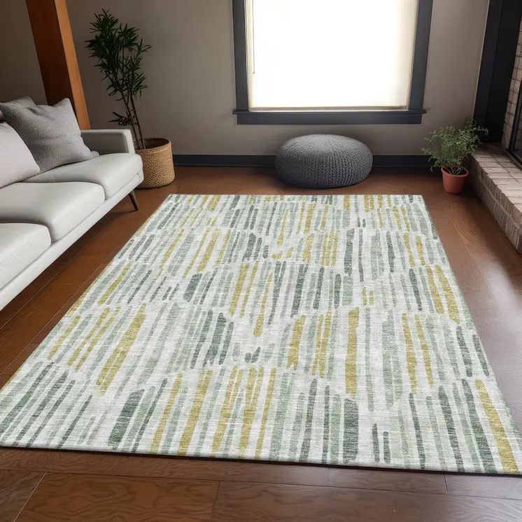 3' X 5' Sage Artichoke Green And Gold Abstract Washable Indoor Outdoor Area Rug