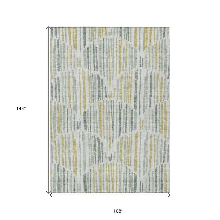 9' X 12' Sage Artichoke Green And Gold Abstract Washable Indoor Outdoor Area Rug