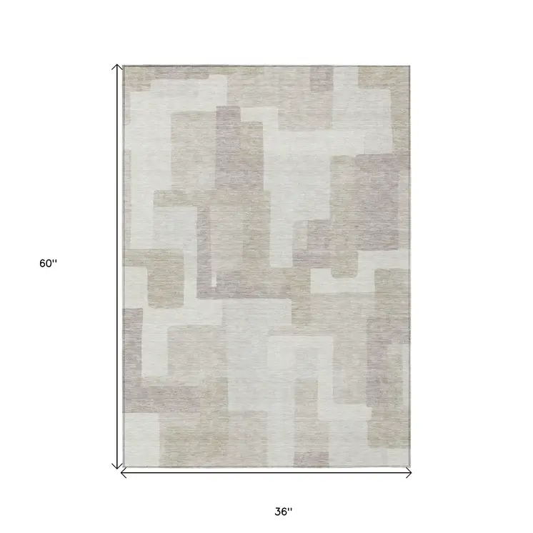 3' X 5' Beige Tan And Taupe Abstract Washable Indoor Outdoor Area Rug