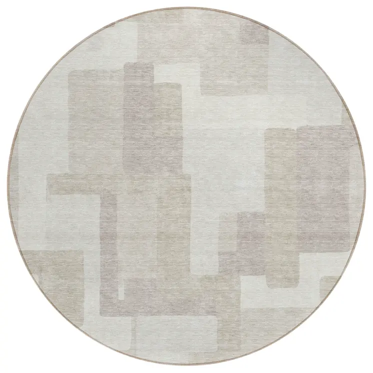 8' Beige Tan And Taupe Round Abstract Washable Indoor Outdoor Area Rug