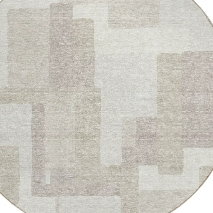 8' Beige Tan And Taupe Round Abstract Washable Indoor Outdoor Area Rug