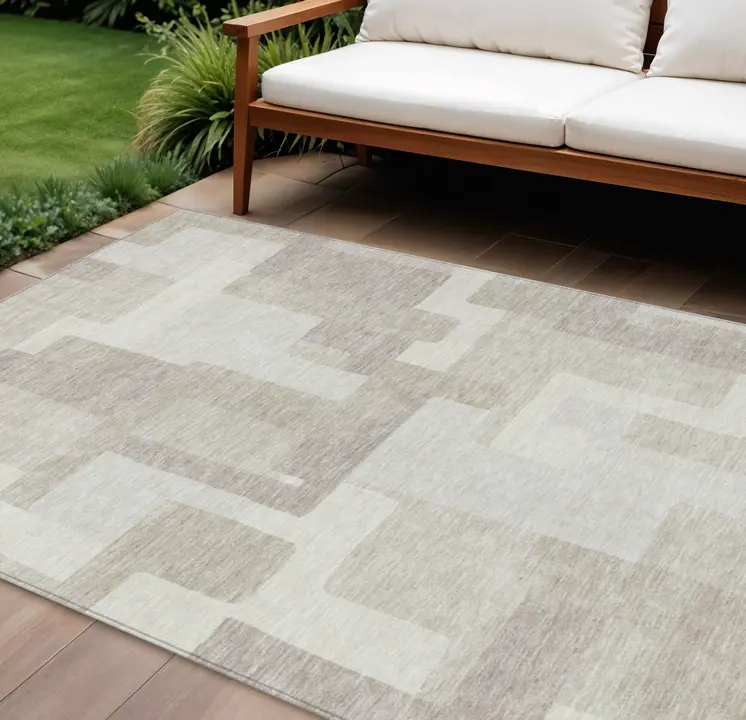 8' X 10' Beige Tan And Taupe Abstract Washable Indoor Outdoor Area Rug