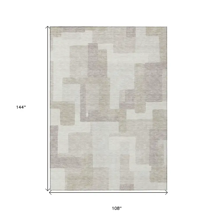 9' X 12' Beige Tan And Taupe Abstract Washable Indoor Outdoor Area Rug