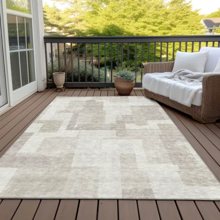 9' X 12' Beige Tan And Taupe Abstract Washable Indoor Outdoor Area Rug