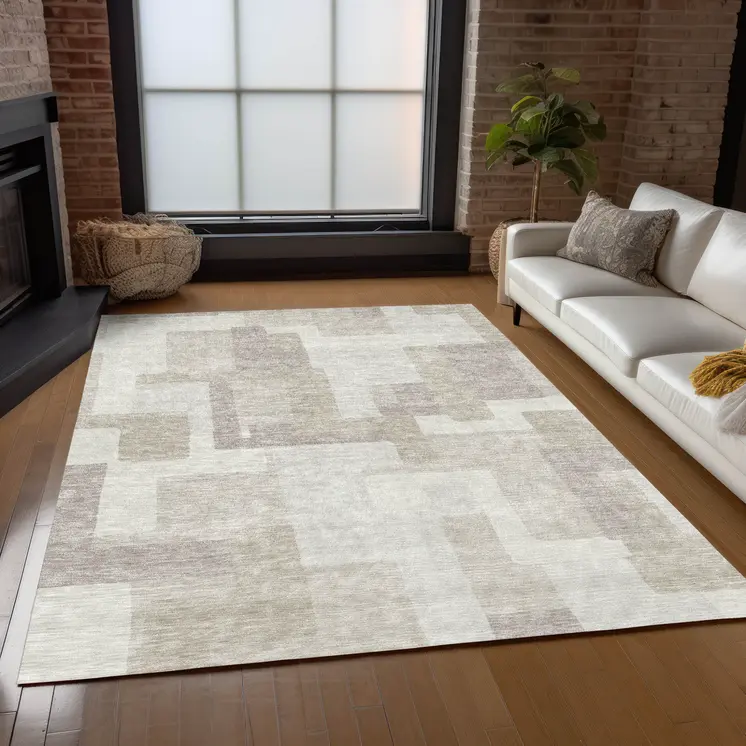 9' X 12' Beige Tan And Taupe Abstract Washable Indoor Outdoor Area Rug