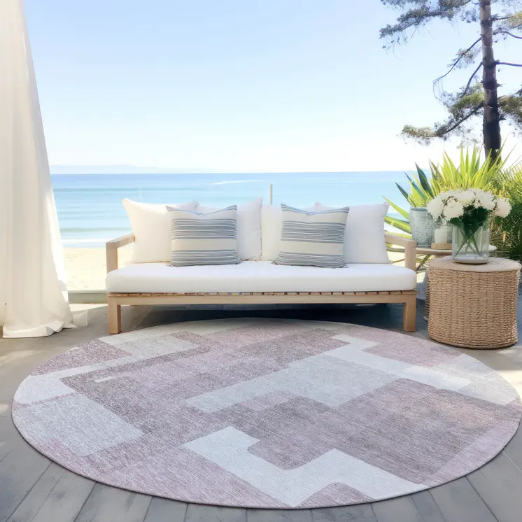 8' Blush Gray And Ivory Round Abstract Washable Indoor Outdoor Area Rug