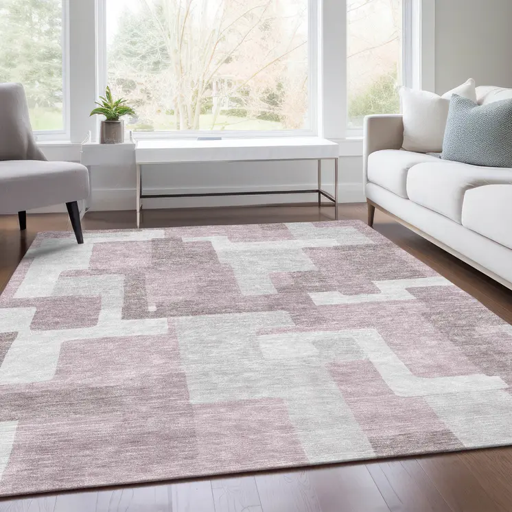 8' X 10' Blush Gray And Ivory Abstract Washable Indoor Outdoor Area Rug