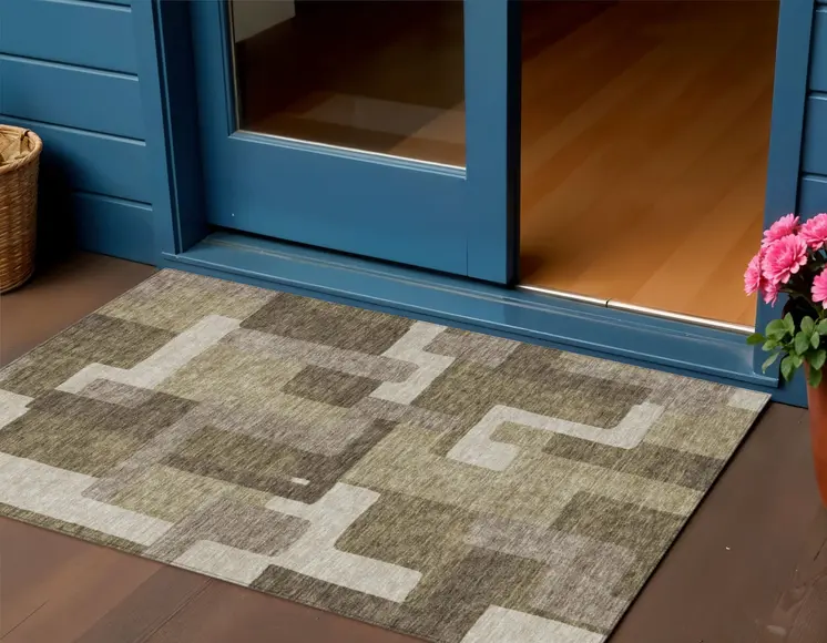 3' X 5' Brown And Beige Abstract Washable Indoor Outdoor Area Rug