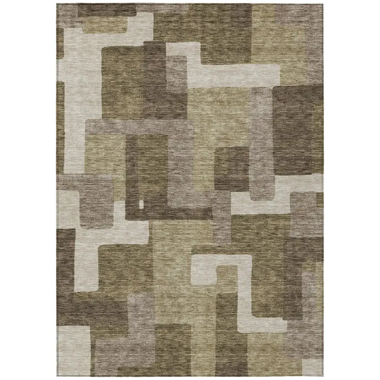 5' X 8' Brown And Beige Abstract Washable Indoor Outdoor Area Rug