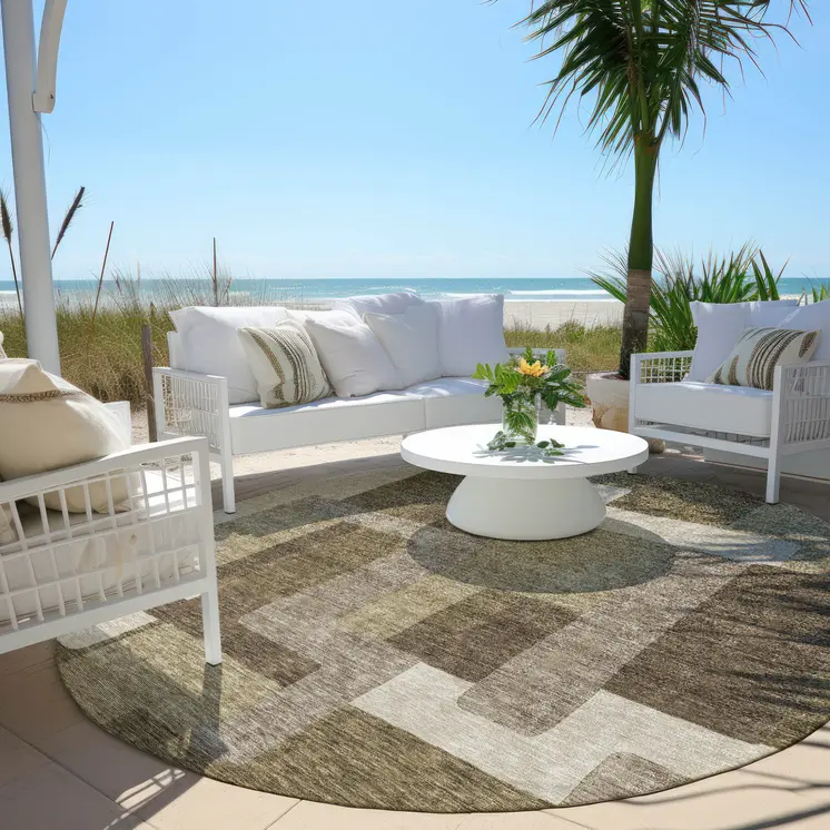8' Brown And Beige Round Abstract Washable Indoor Outdoor Area Rug