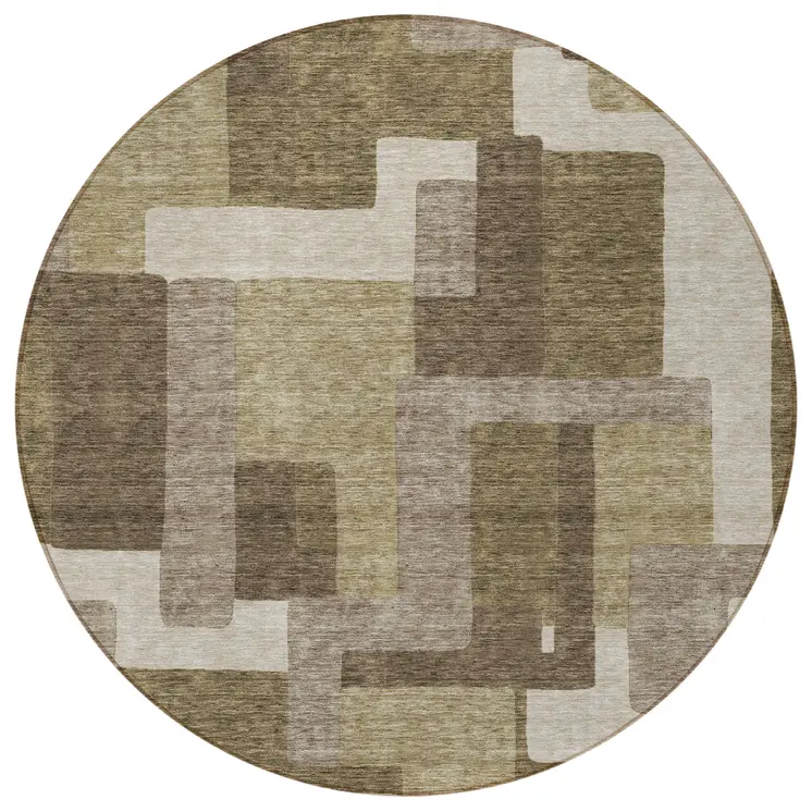 8' Brown And Beige Round Abstract Washable Indoor Outdoor Area Rug